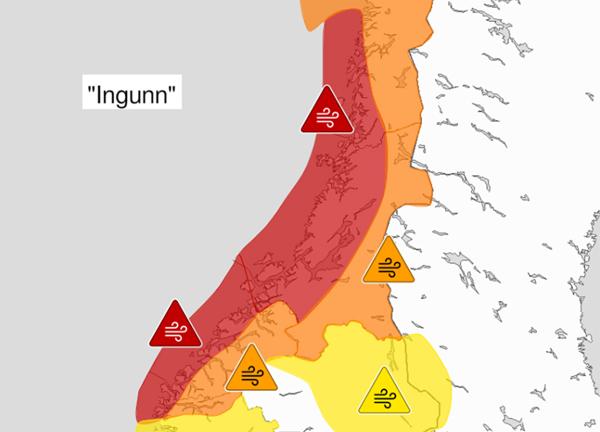 Oslo 20240130.  Grafikk som viser området som er omfattet av farevarselet i forbindelse med ekstremværet «Ingunn». Foto: Meteorologisk institutt / NTB