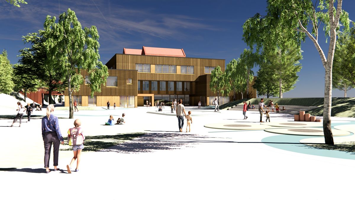 Skanska skal nå bygge et nytt skolebygg på Hitra. Ill. Henning Larsen Arkitekter