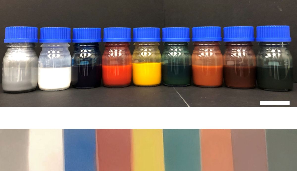 Bildet viser flere av fargene forskerne har greid å skape av den varmereflekterende malingen. Foto: Stanford University