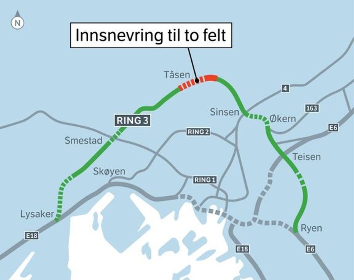 Fra mandag 15. april blir det kun ett kjørefelt i begge retninger på deler av Ring 3 i Oslo.  Årsaken er utbedringer av Gjerdrums vei bru.