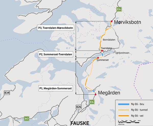 Kartet viser utbyggingsprosjektet E6 Megården-Mørsvikbotn med sine tre byggetrinn. Illustrasjon: Statens vegvesen