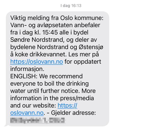 Oslo Kommune sendte denne meldingen til innbyggere i Søndre Nordstrand og deler av bydelene Nordstrand og Østensjø. Foto: Faksimile / NTB