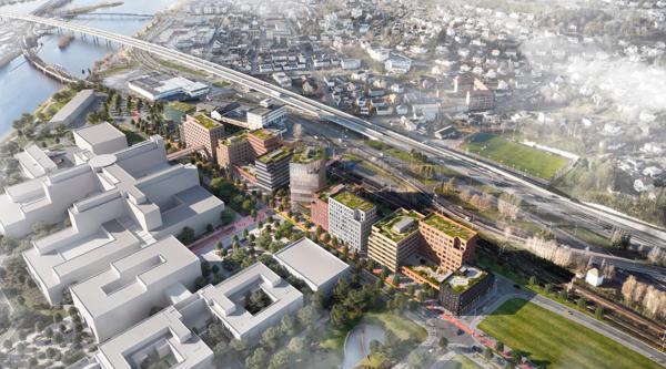 Drammen Helsepark bestå av flere bygg på i alt 76.500 kvadratmeter. Illustrasjon: Grape Architects