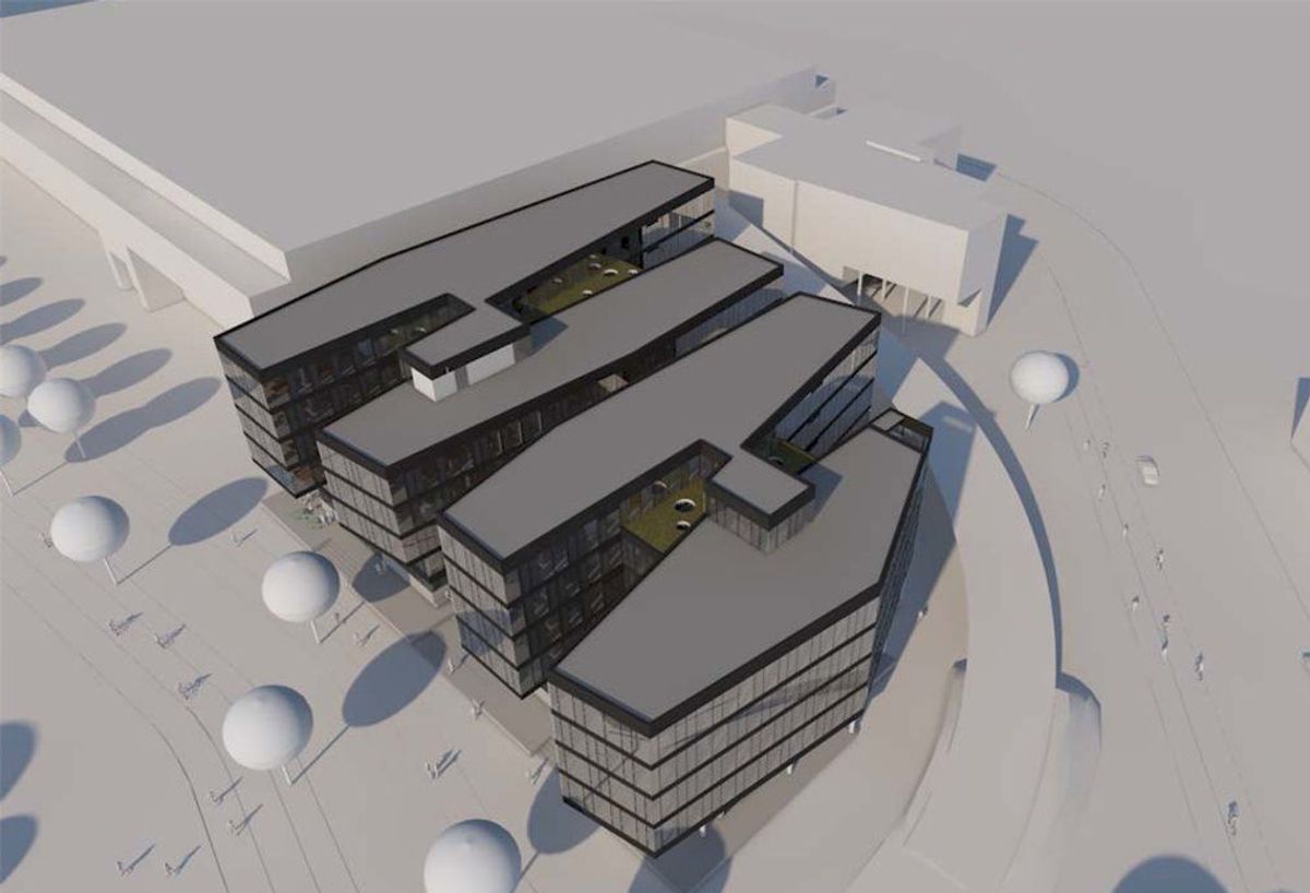 På Nyhavna i Trondheim skal Skanska bygge et nytt kontorbygg på 7.400 kvadratmeter for Dora. Illustrasjon: Rambøll arkitekter
