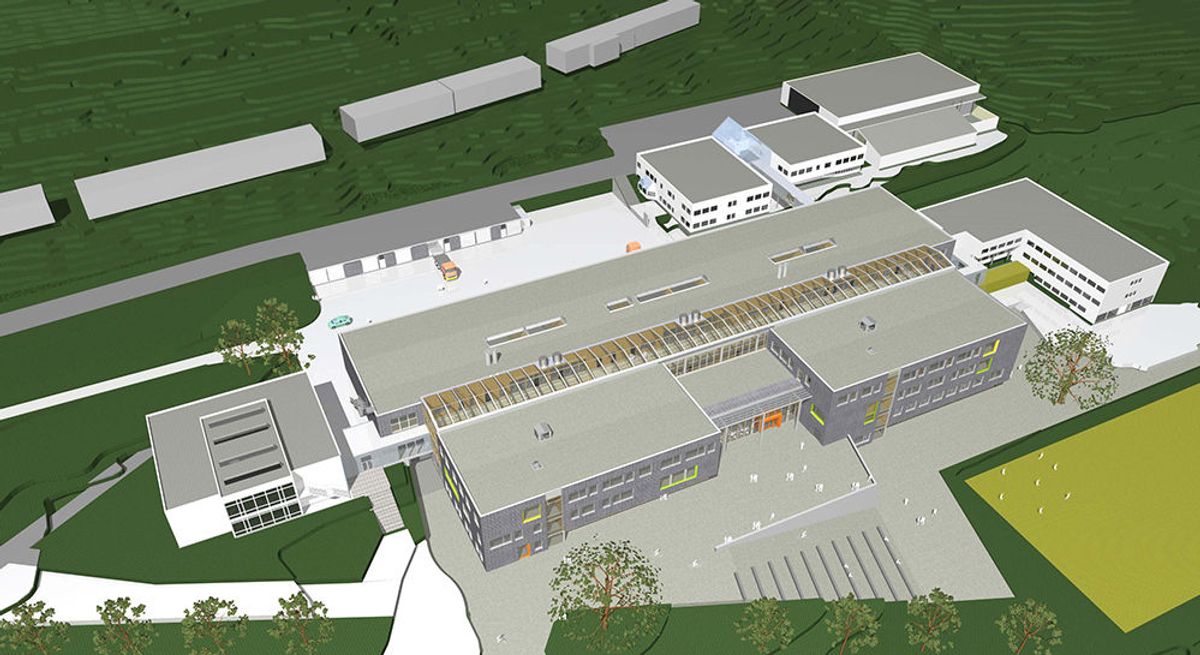 Modell av den nye Romsdal videregående skole i Molde som er under bygging. Arkitekt: HUS Arkitekter, Trondheim