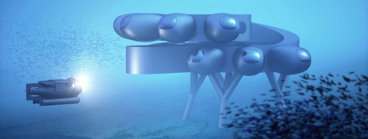 Undervannsbasen Proteus skal bygges nesten 20 meter under havoverflaten i Det karibiske hav. Illustrasjon: Proteus