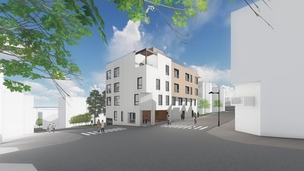 Betonmast Innlandet bygger 19 utleieleiligheter i Skolegata 8 i Gjøvik. Illustrasjon: Larkas Arkitekter
