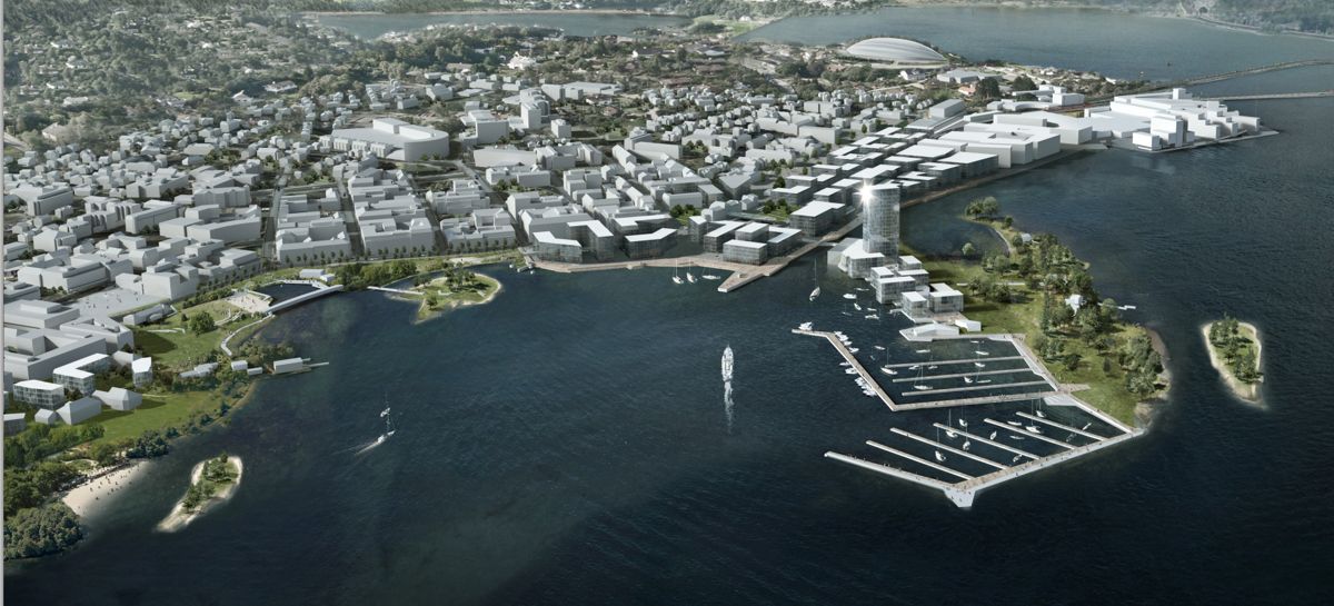 Er dette den framtidige og urbane Mjøsfronten i Hamar? I denne mulighetsstudien er jernbanestasjonen foreslått plassert under bakken (illustrasjon: Dyrvik Arkitekter med flere).