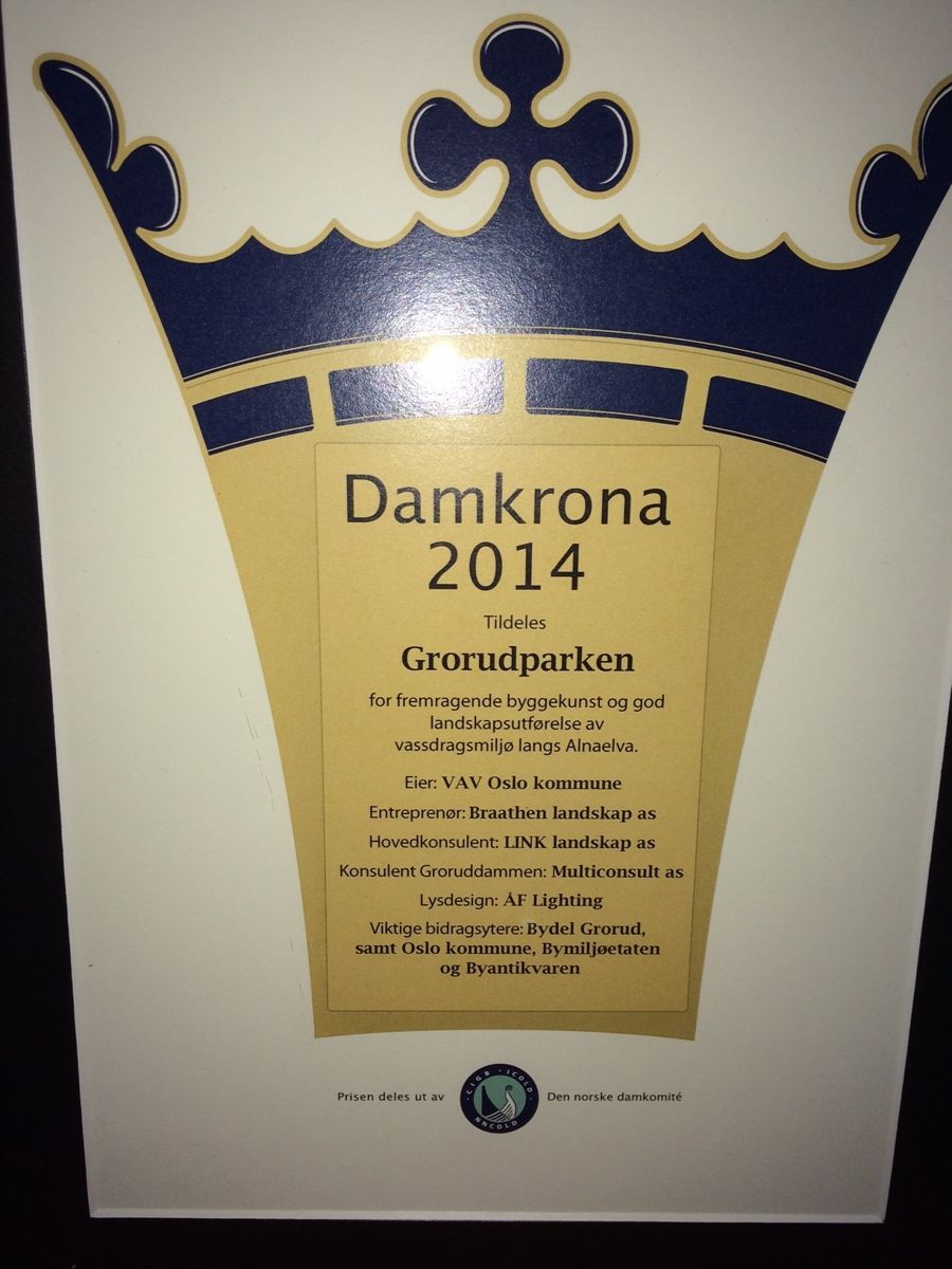 Beviset på at Grorudparken har vunnet Damkrona for 2014.