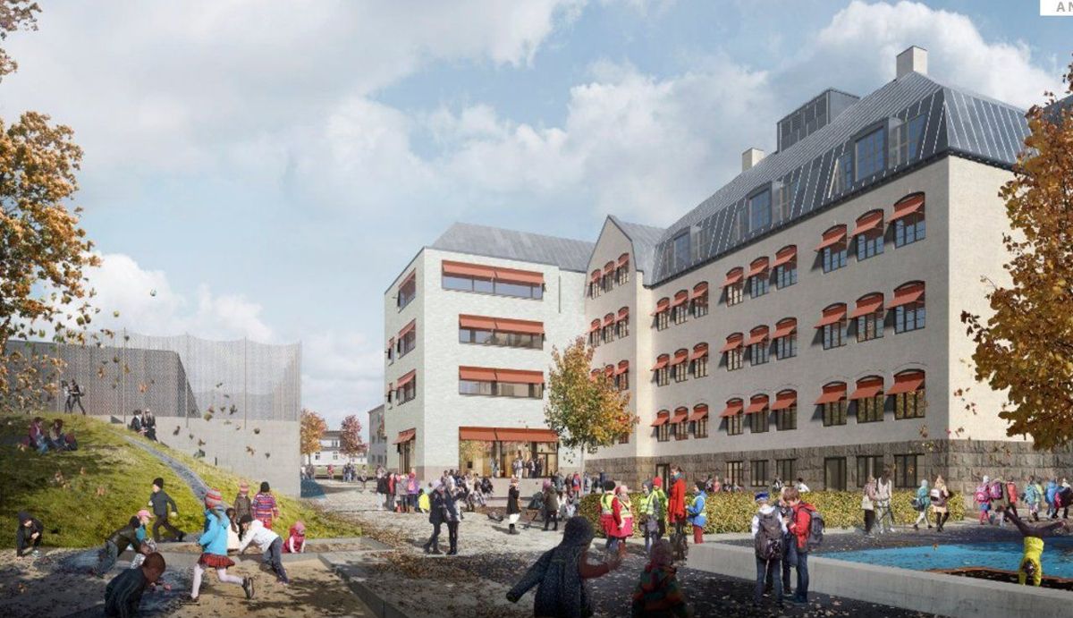 Nå kan Halden kommune skrive totalentreprisekontrakt med AF Gruppen for byggingen av Os skole og idrettsarena i sentrum av Halden. Illustrasjon: Asplan Viak.