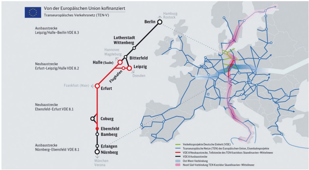 De sorte strekningene er modernisering og oppgradering av eksisterende linjer mellom Berlin og Leipzig/Halle og mellom Ebensfeld og Nürnberg. De røde strekningene imellom er nybygde traséer. Hele strekningen inngår i den transeuropeiske jernbanekorridoren TEN-V fra Finnlands østgrense, over Sverige, Sentraleuropa og fram til Sør-Italia. Kilde: DB Netz.