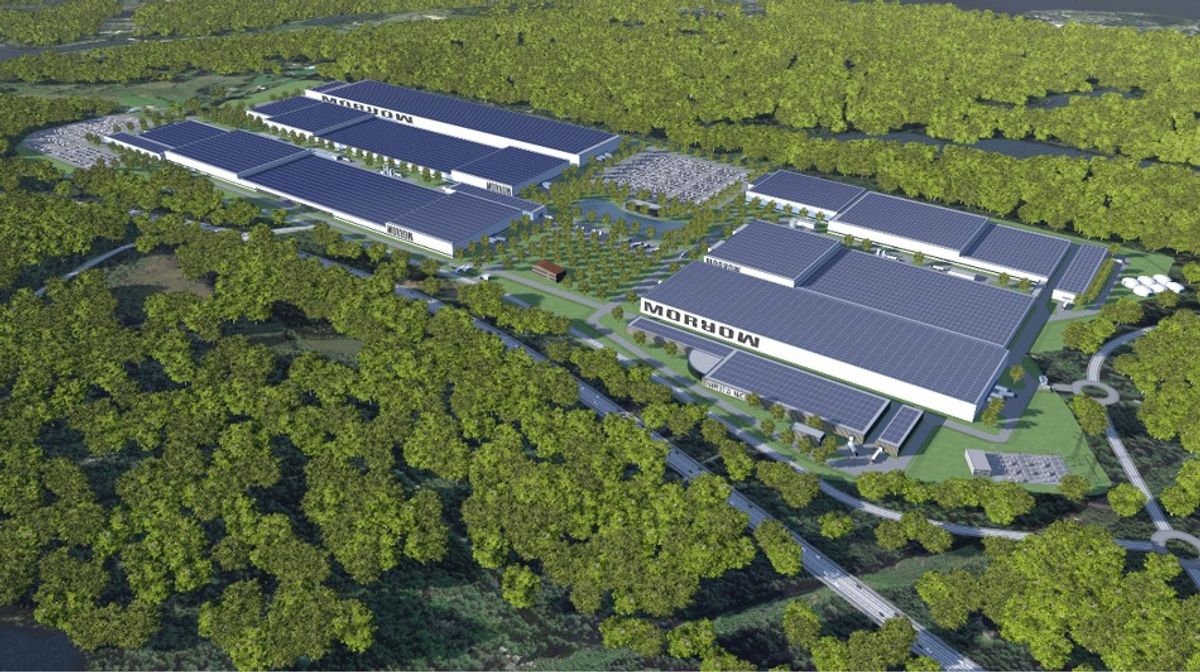 Slik kan Morrow's planlagte battericellefabrikk se ut når den er ferdig utbygd. Tomten er 940.000 kvadratmeter stor. Illustrasjon: Excyte