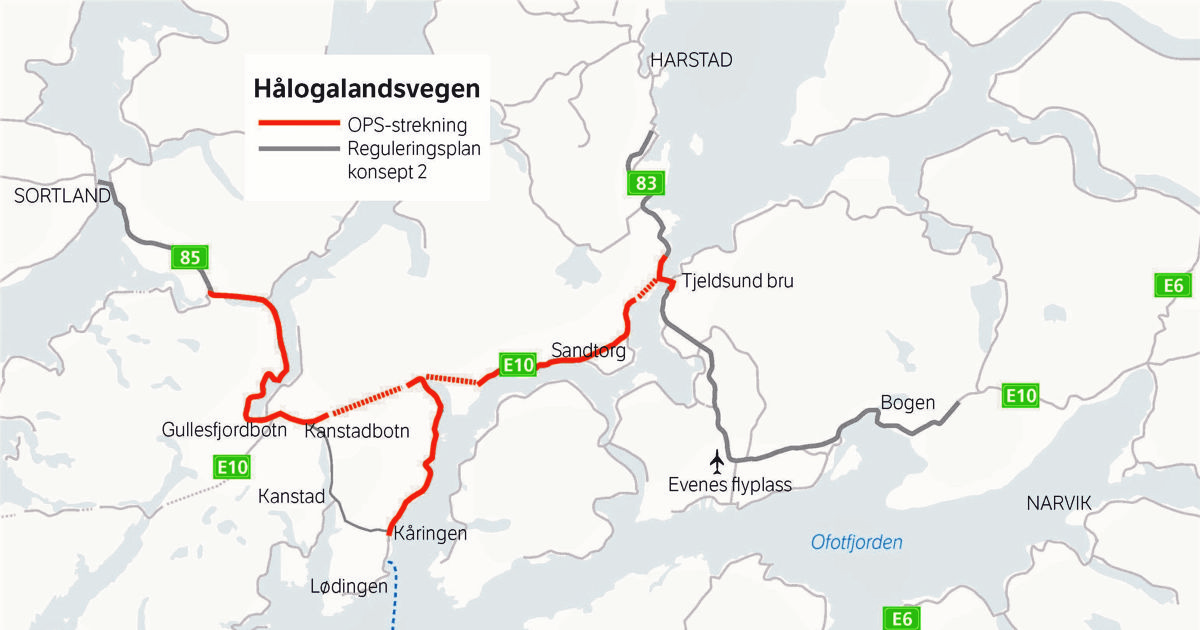 OPS-prosjektet E10 Hålogalandsvegen (E10/rv. 85 Tjeldsund–Gullesfjordbotn–Langvassbukt) Strekningen som skal bygges er markert i kartet med rød farge. Rød stiplet linjer markerer nye tunneler. Illustrasjon: Statens vegvesen.