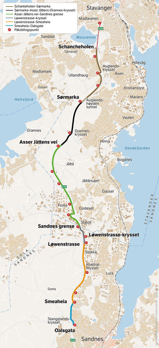 ykkelstamvegen fra Stavanger, via Forus og Lura, til Sandnes. Illustrasjon: Statens vegvesen