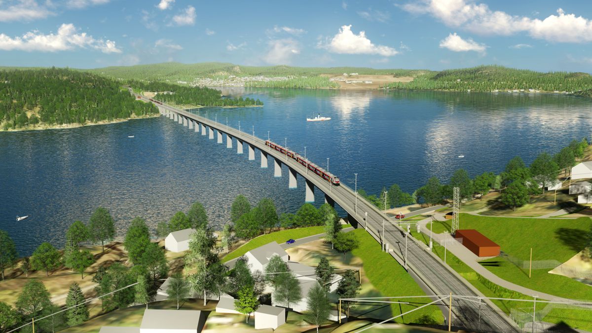 Tangenvika bru blir Norges lengste jernbanebru med sine 1070 meter. Illustrasjon: Bane NOR