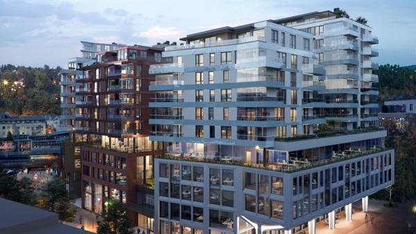 Skissetegning som viser hvordan Helgerudkvartalet blir når det står ferdig. Ill. LPO arkitekter