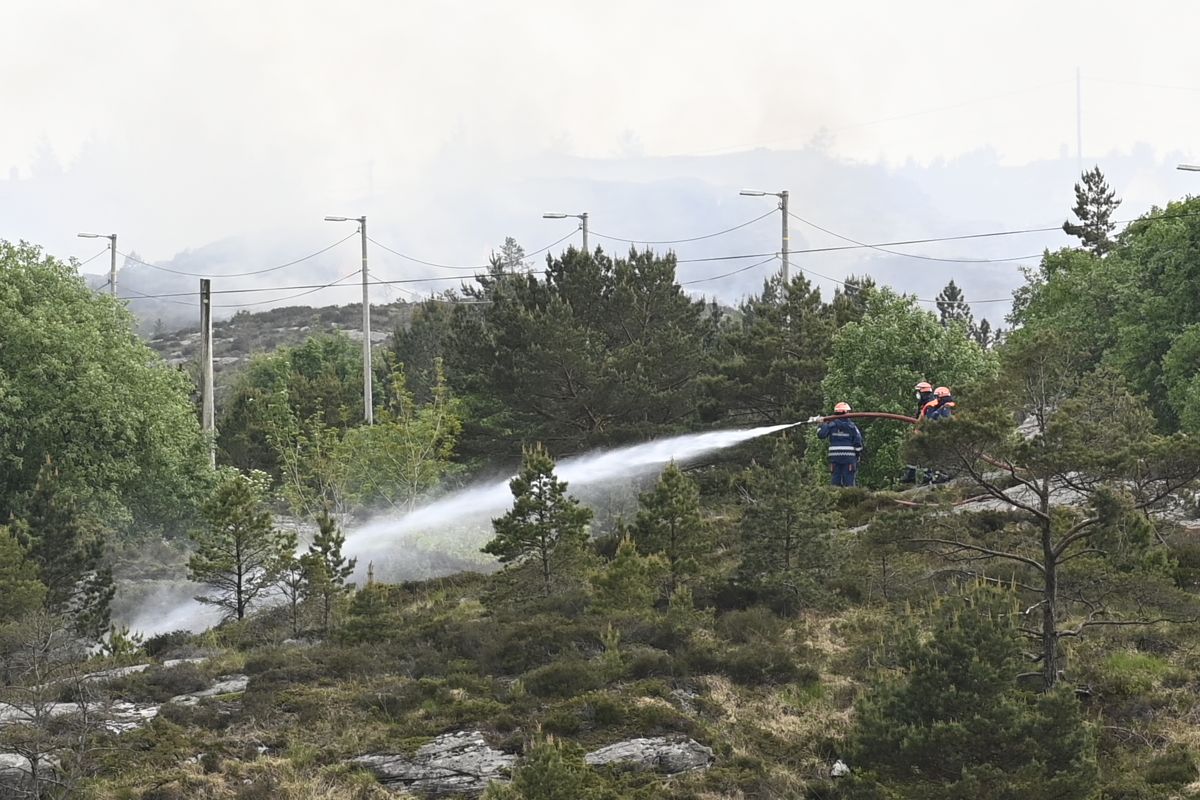 Det brenner flere steder på Spjeldsfjellet i Sotra – i samme område hvor det brant kraftig i forrige uke. Foto: Marit Hommedal / NTB