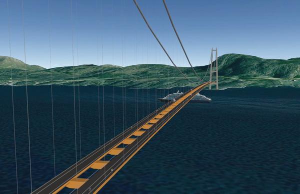 Aas-Jakobsen er blant flere norske rådgivere som i mai startet arbeidet med ulike konsepter for kryssing av den fire kilometer brede Sulafjorden og den to kilometer brede Halsafjorden. Illustrasjonen viser kryssing av Halsafjorden med hengebru i et spenn. (Illustrasjon: Kristian Berntsen / Statens vegvesen / Google).