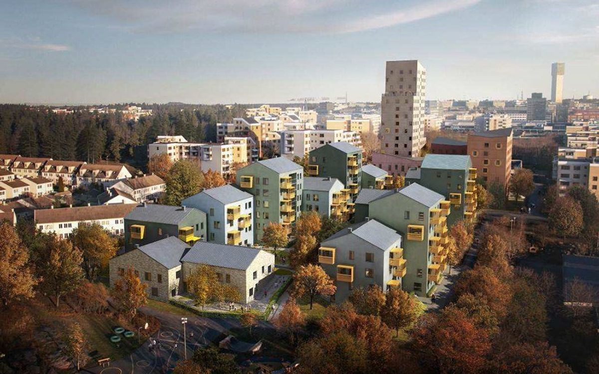Betonmast bygger Kvarteret Anholt nord i Stockholm. Illustrasjon: Utopia Arkitekter