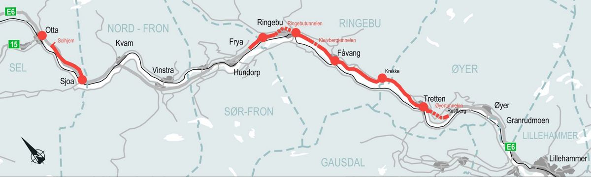 Planprogrammet gjelder for delstrekningene Øyer – Frya på omtrent 40 kilometer og Sjoa – Otta/Solhjem på omtrent ti kilometer. Illustrasjon: Nye Veier