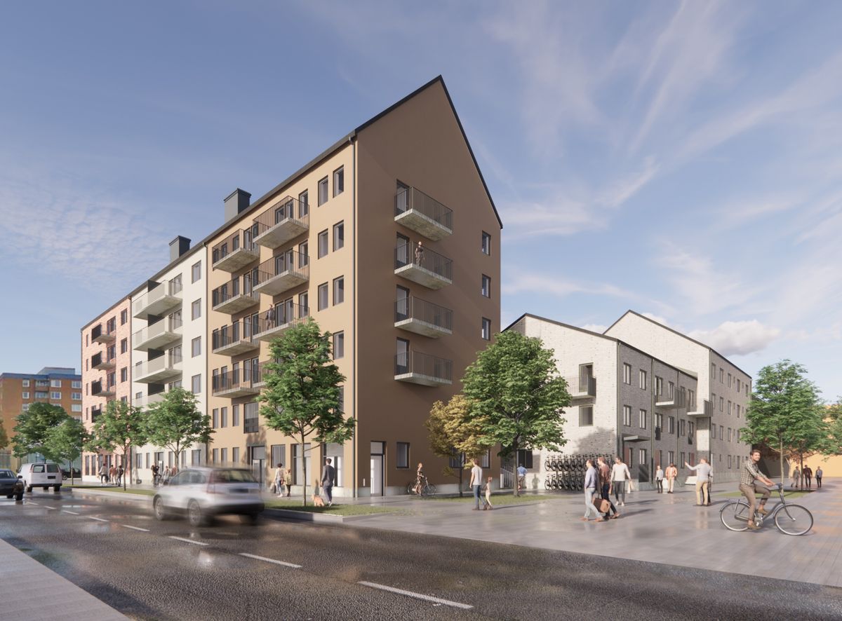 AF Gruppens datterselskap HMB Construction har inngått avtale om å bygge 121 leiligheter for Riksbyggen i sentrum av Gävle. Illustrasjon: Riksbyggen