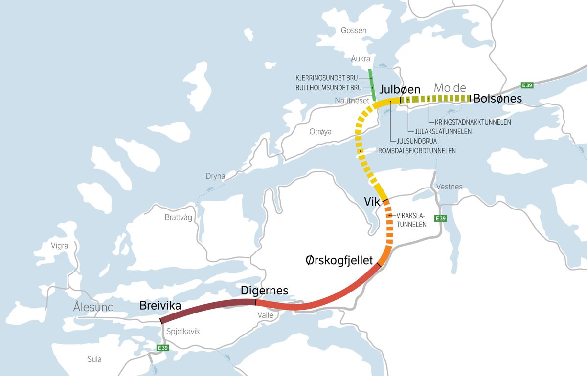 E39 Ålesund-Molde inneholder flere tunneler, bruer og vegstrekninger. I første omgang skal strekningen fra Ørskogfjellet mot Molde ut på anbud. Ill. Statens vegvesen