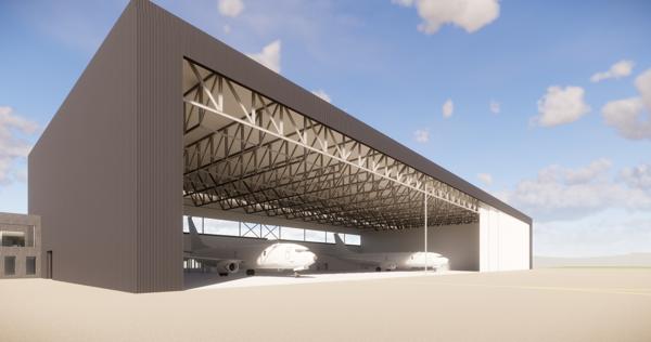 Ny hangar for militære overvåkningsfly P-8. Illustrasjon: Forsvarsbygg.