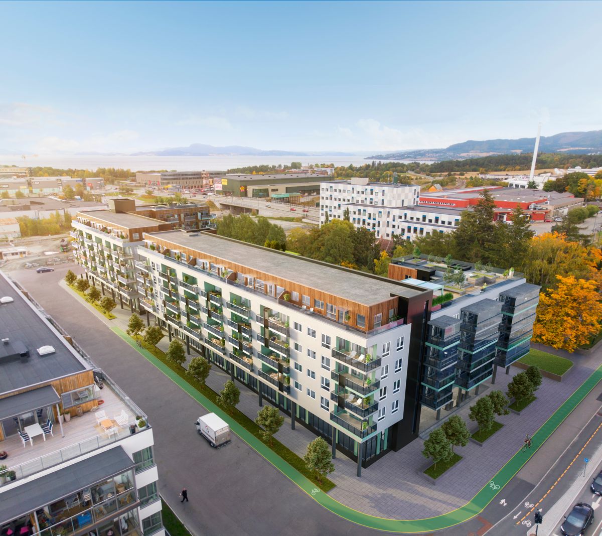 På Liljendal/Falkenborg erTrym Bolig klare til å sette i gang med et prosjekt med 133 leiligheter, omtrent 2.350 kvadratmeter næring og parkering, men prosjektet stoppes av manglende skolekapasitet i området. Illustrasjon: Arqsix