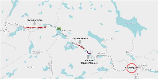 Kolonneoppstillingsplassen kommer på E134 mellom Myrane og Kjelavatn. Illustrasjon: Statens vegvesen