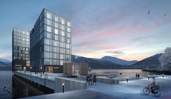 The Front i Tromsø planlegges med 320 boliger ute i sjøen. Illustrasjon: AT Plan & Arkitektur