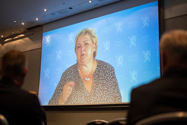 Statsminister Erna Solberg kom med en videohilsen til Byggedagene. Foto: Sindre Sverdrup Strand