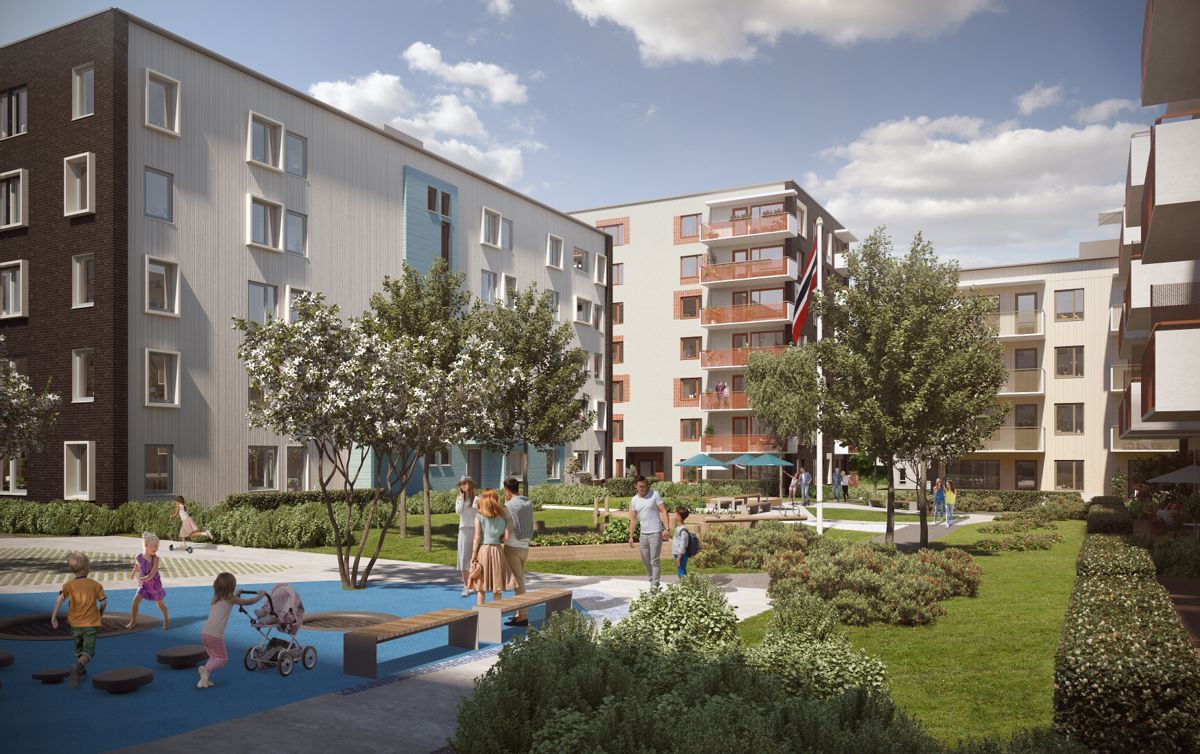 I boligprosjektet Bergerløkka på Vestre Billingstad i Asker leverte JM sin første svanemerkede leilighet i 2020. Illustrasjon: Spor Arkiktekter