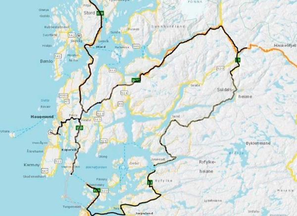 Markert med grått til venstre er kontraktsområdet i kommunene Fitjar, Stord, Bømlo, Sveio, Karmøy, Haugesund, Tysvær, Bokn, Vindafjord, Etne. Til høyre er kommunene Sauda, Suldal og Ullensvang. Nederst er kommunene Hjelmeland, Strand, Randaberg og Stavanger. illustrasjon: Statens vegvesen