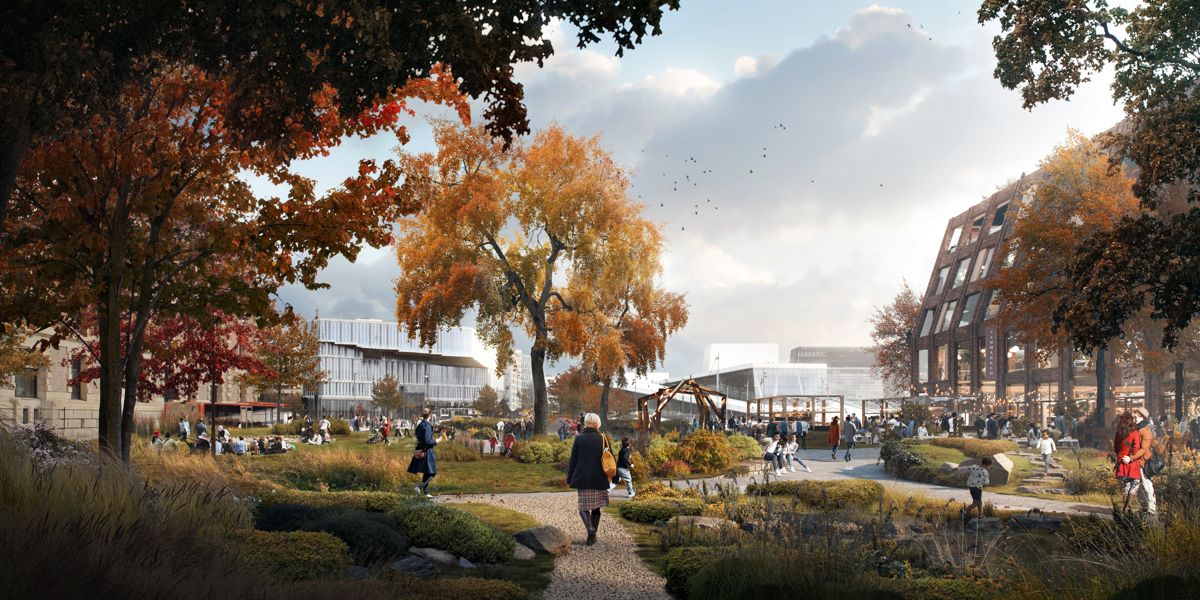 De nye planene for området foran Børsen omfatter næringsbygg og park. Illustrasjon: Grape Architects