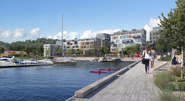I vannkanten ved Oslofjorden og skal Slemmestad forvandles til en levende kystby. Illustrasjon: Slemmestad Brygge