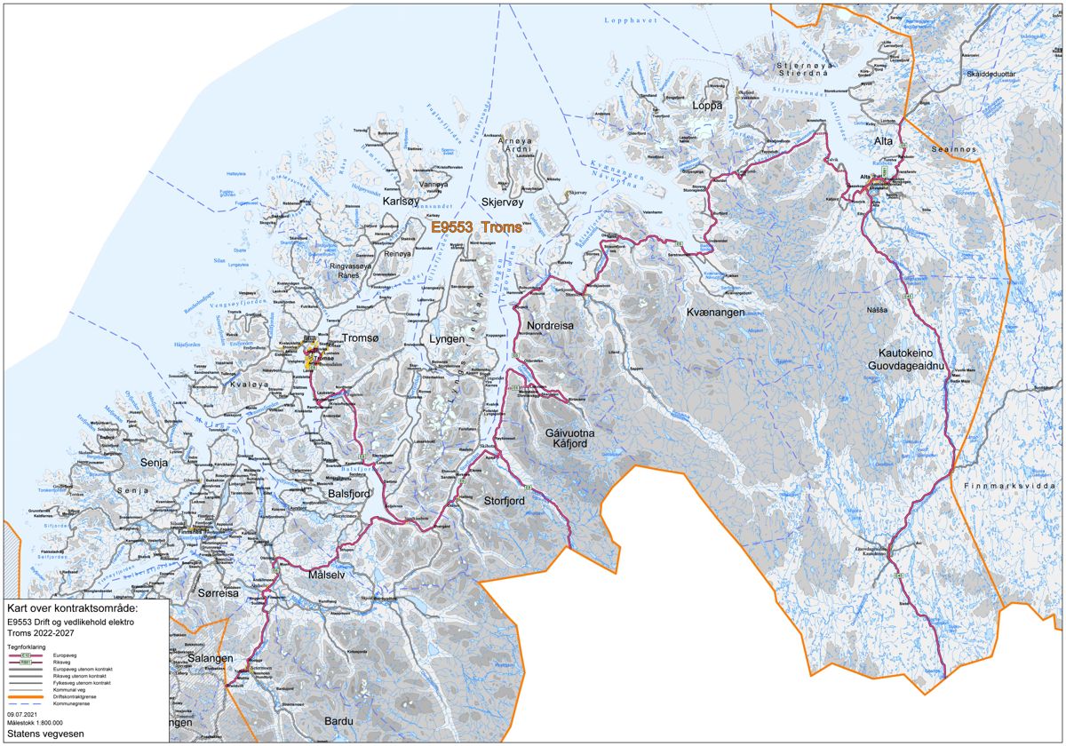 BMO Elektro skal drifte el-anlegg langs riksveg i et stort geografisk område i Troms og Finnmark. De aktuelle strekningene er merket med rosa i kartet.