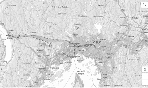 Kartet viser planområdet. En råvannstunnel skal bores øst fra Vefsrud og Holsfjorden inn til Huseby. I tillegg skal det bygges tunnel under Oslo for å frakte rentvann mellom øst og vest.