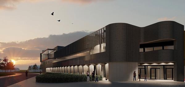 Slik vil den ytre fasaden av Nordlandsbadet se ut når prosjektet ferdigstilles i 2023. Illustrasjon: Terje Grønmo arkitekter
