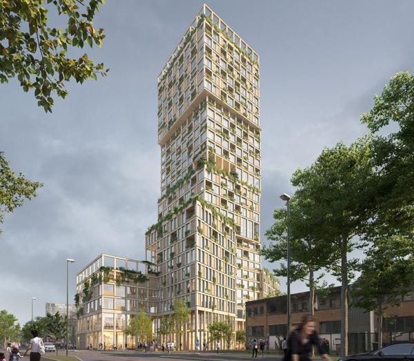 Woho er et vertikalt bykvartal i tre som skal oppføres i bydelen Kreuzberg i Berlin, og prosjektet har en sentral plass i utstillingen. Illustrasjon: Mad arkitekter