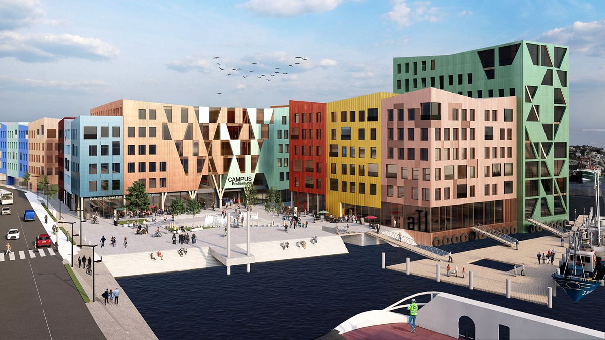 Campus Kristiansund skal etter planen stå ferdig i 2024 og er et samarbeid mellom Høgskolen i Molde, Kristiansund og Nordmøre Næringsforum, Kristiansund kommune og Møre og Romsdal fylkeskommune. Illustrasjon: Pir II
