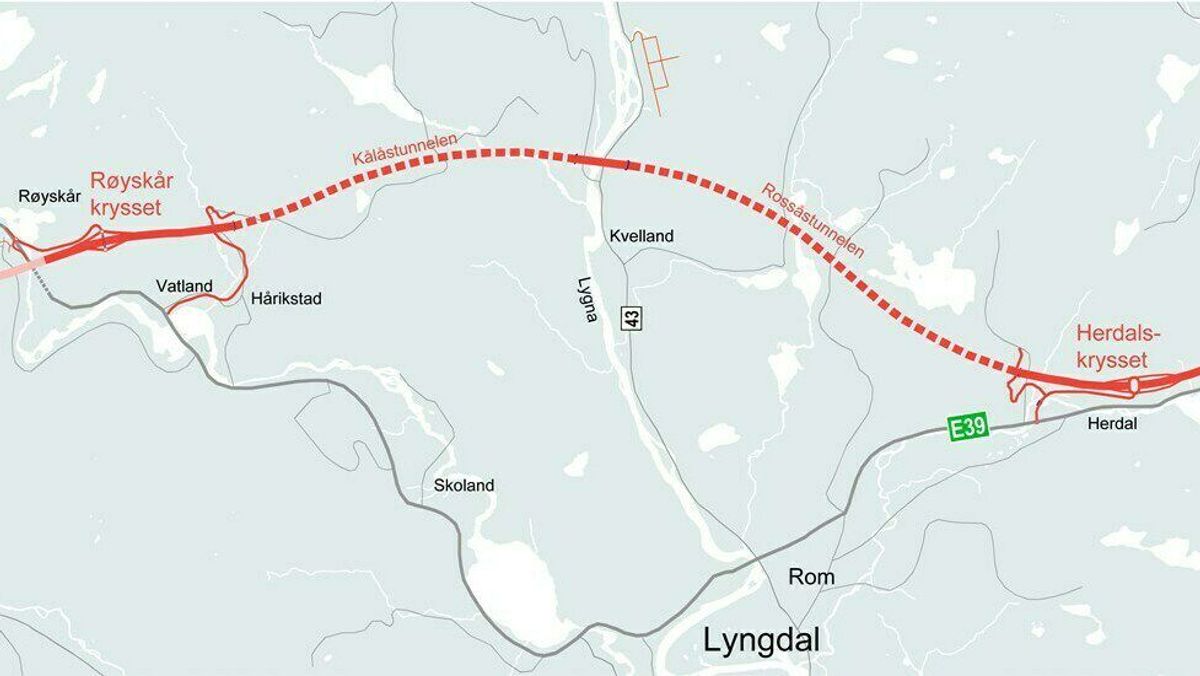 Kontrakten E39 Lyngdal øst - Lyngdal inngår i Nye Veiers oppdrag for ny E39 mellom Kristiansand og Ålgård. Illustrasjon: Nye Veier
