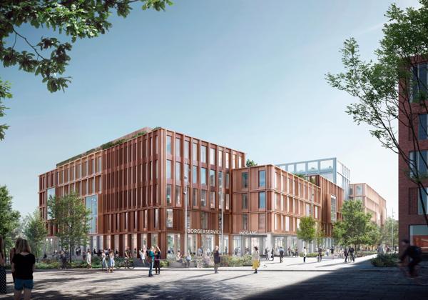Lerchesgade kontorbygg i tre i Odense er Danmarks største bygg i tre. Illustrasjon: C.F. Møller Architects