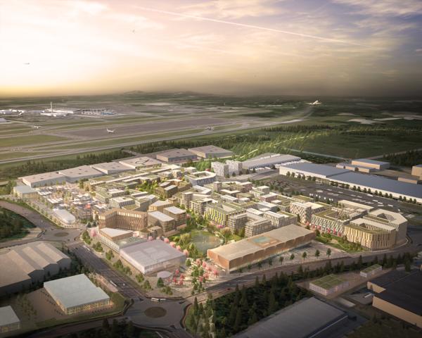 Det er store planer for Gardermoen Næringspark. Et nytt forskningsprosjekt ser på mulighetene for å utvikle Fremtidens flyplassby. Foto: Oslo Airport City
