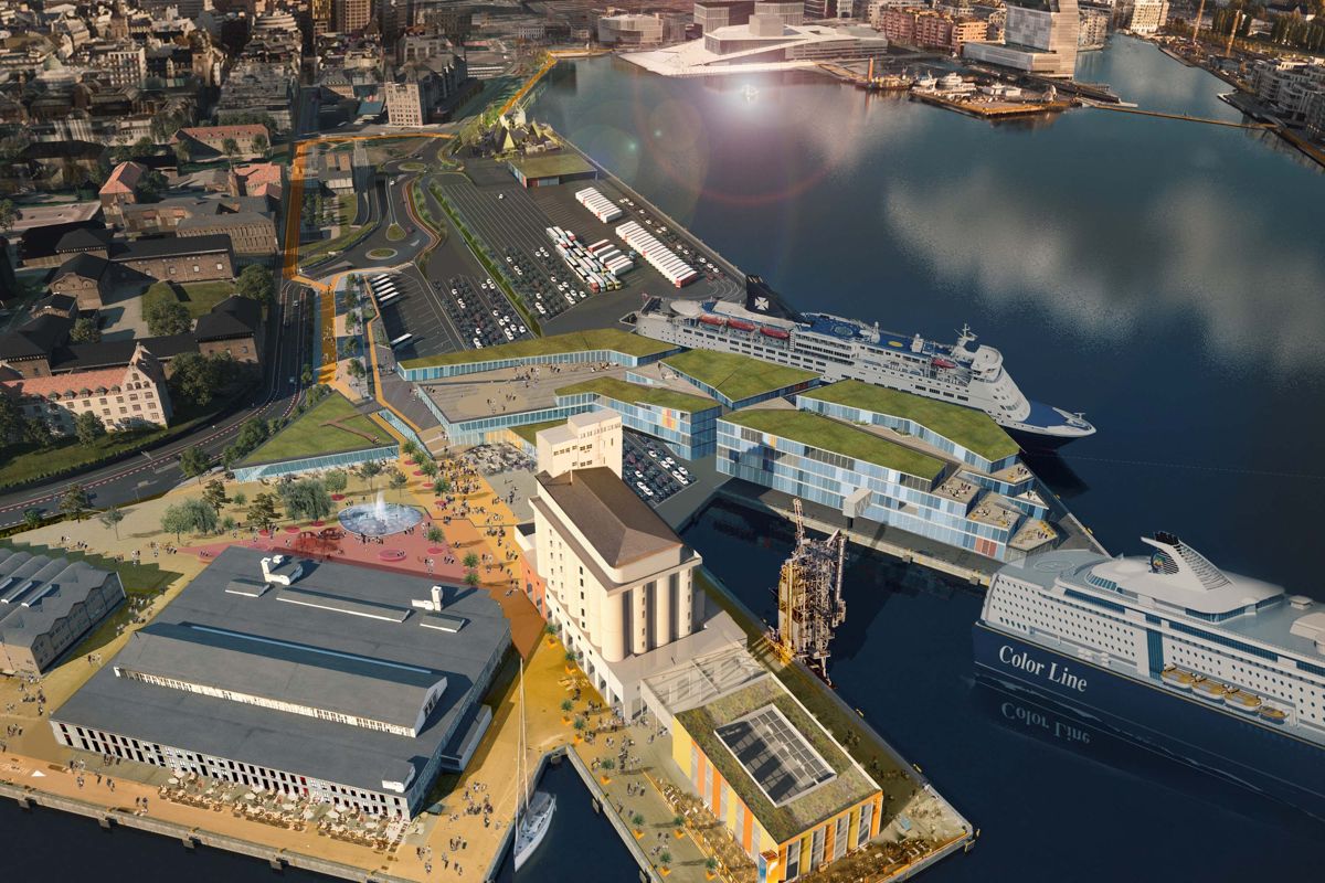 Oslo Havn har utarbeidet illustrasjoner av hvordan en samlet fergeterminal kan se ut på Vippetangen. Illustrasjon: Alt.arkitektur