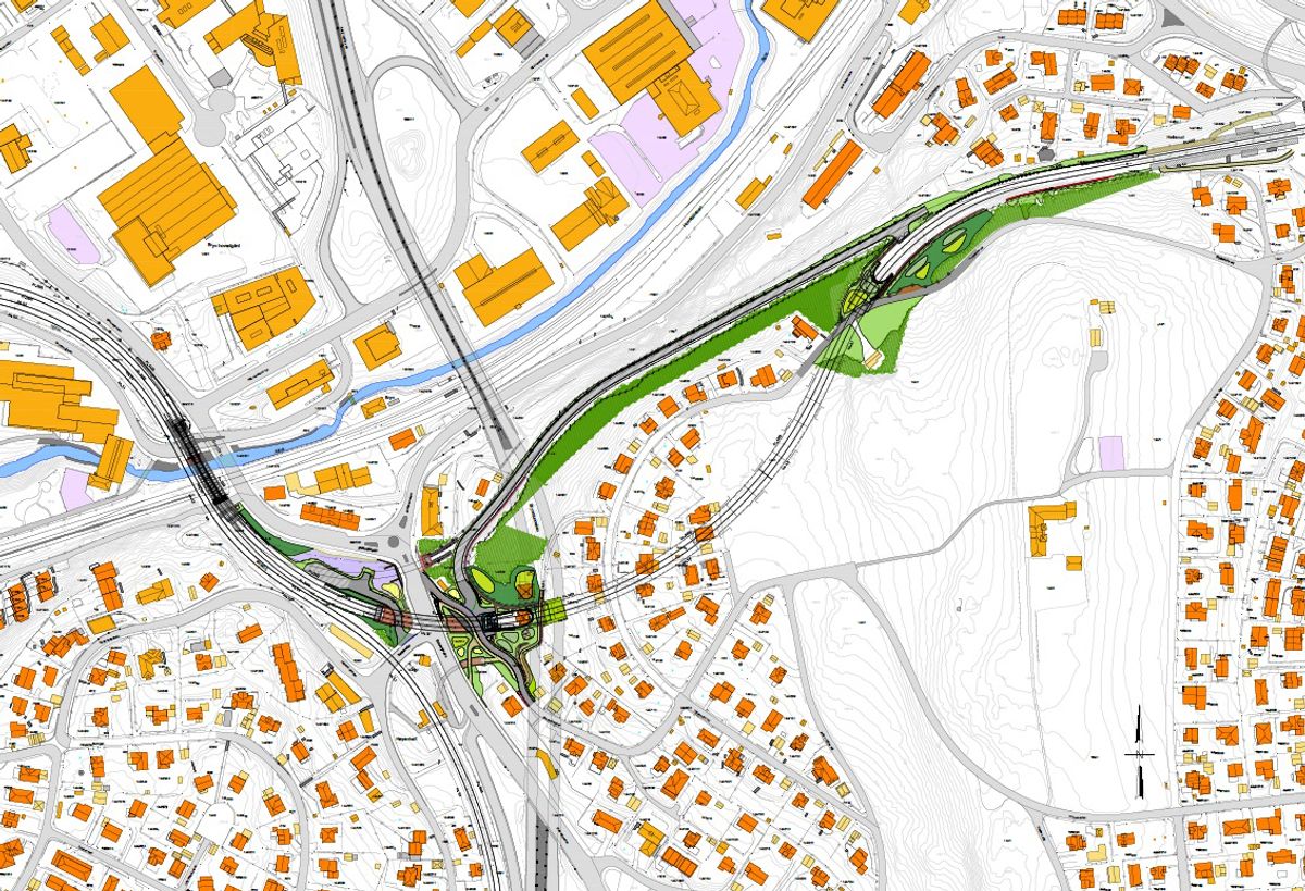 Kartet viser prosjektområdet for Østensjøbane-prosjektet, fra Brynseng i vest til Hellerud i øst.