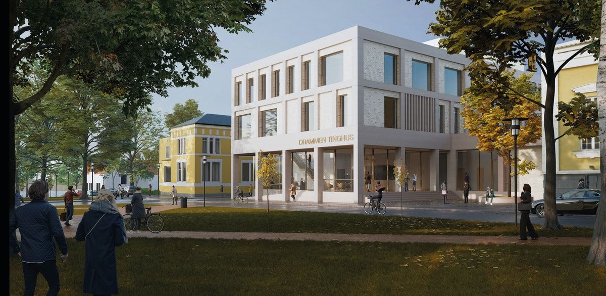 Det nye tinghuset i Drammen er planlagt ferdigstilt i 2023. Illustrasjon: Statsbygg