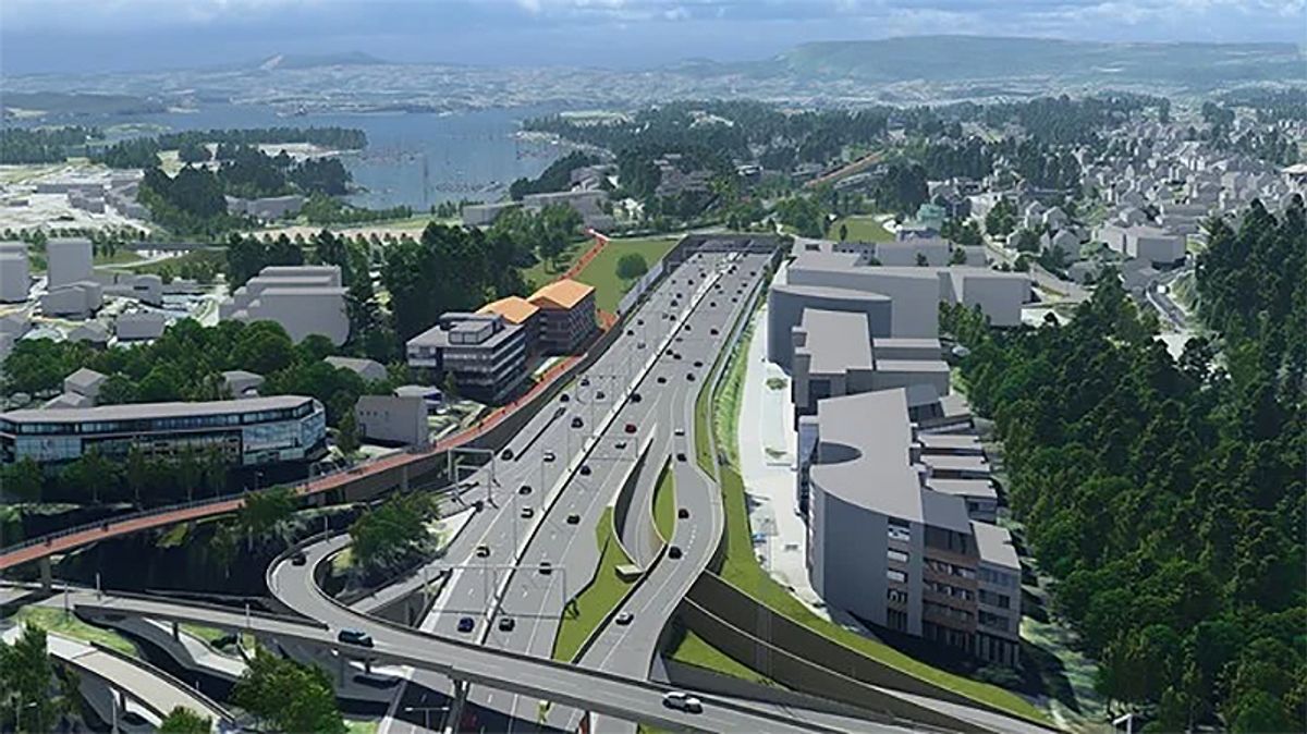 Bygging av nytt Fornebukryss (nærmest) og Stabekklokket (ca midt i bildet) inngår i entreprise E102 Fornebukrysset-Strand. Ill. ViaNova