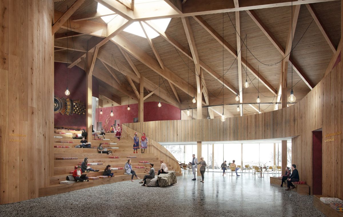 Det samiske nasjonalteateret Beaivváš skal samlokaliseres med samisk videregående skole og reindriftsskole i Kautokeino. Nybygget vil kunne bidra til nesten 20 tonn med resirkulert plast. Foto: Econor, Snøhetta Oslo og 70° N Arkitektur