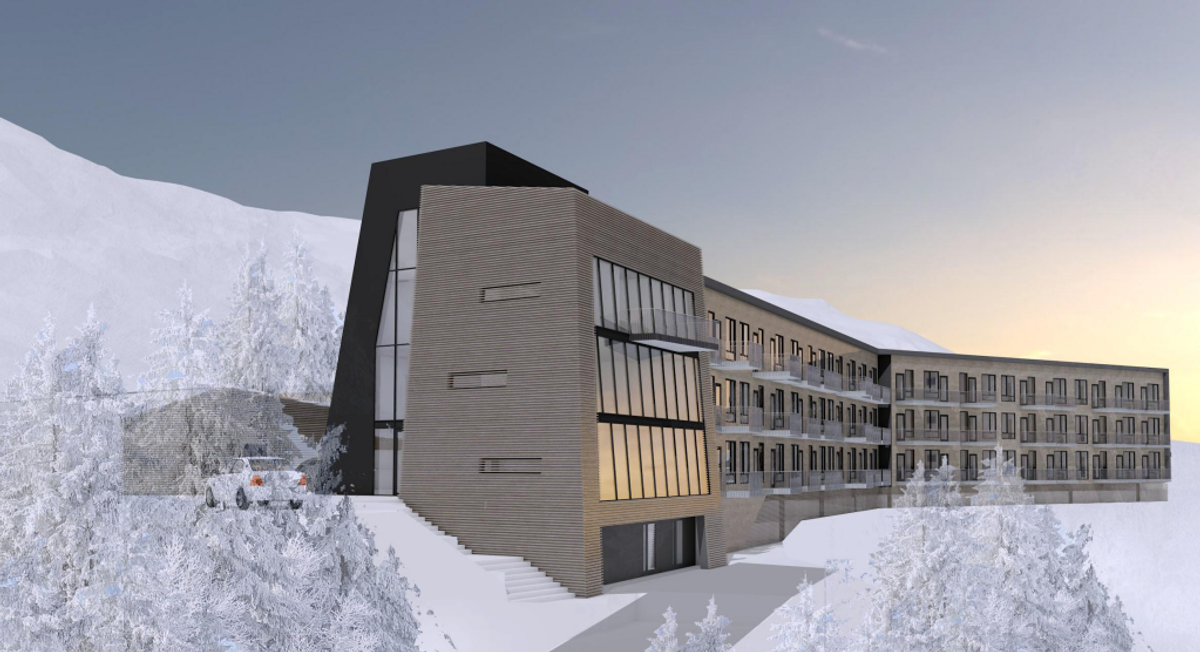 Consto skal bygge nytt hotell inntil alpinanlegget i Narvik. Hotellet skal ferdigstilles høsten 2023. Illustrasjon: Hamperokken AS