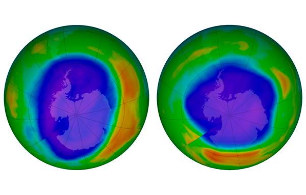 Disse to bildene tatt av NASA viser områder med lavt ozon over Antarktis i september 2000 (til venstre.) og i september 2018. De lilla og blå fargene er der det er minst ozon, og de gule og røde er der det er mer ozon. Protokollen fra Montreal i Canada i 1987 regnes som en av tidenes mest vellykkede, internasjonale avtaler. Foto: AP / NTB
